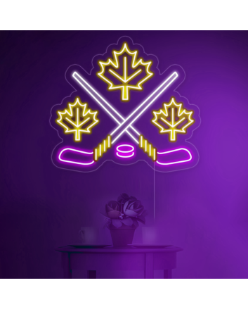 Maple leaves with crossed hockey sign in neon light