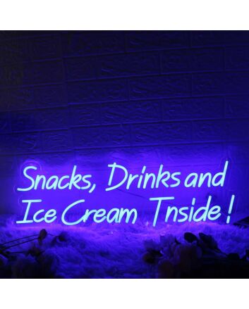 Snacks Drinks And Ice Cream Inside Blue Neon Sign