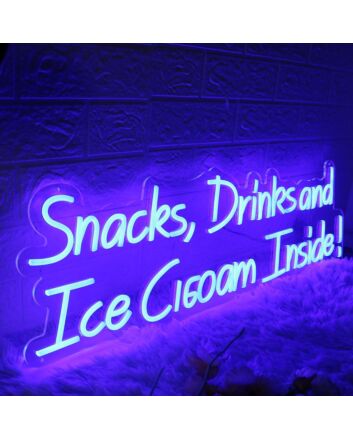 Snacks Drinks And Ice Cream Inside Blue Neon Sign