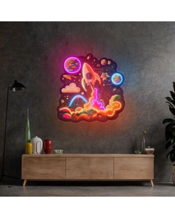 Rocket Launching Into Galaxy Led Neon Sign Light Pop Art