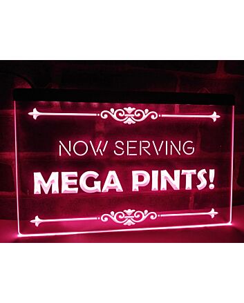 Now Serving Mega Pints Hanging Neon Sign