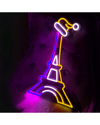 Eiffel Tower with Santa Hat Neon Sign