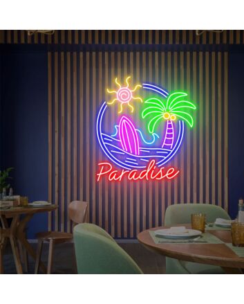 Paradise Beach View Neon Sign Coconut Tree LED Light Palm Tree Beach Sign for Tropical and Relaxing Decor