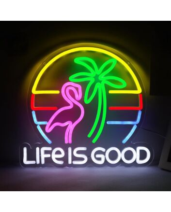 Green Coconut Tree and Deep Pink Crane Life is Good Neon Sign Living Room