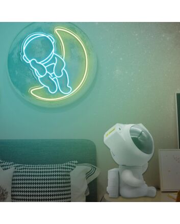 Ice Blue Astronauts Sitting on the Moon Neon Sign Space Kids Room