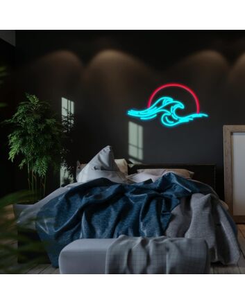 Ice Blue Waves and Red Sun Neon Sign Coastal Decor