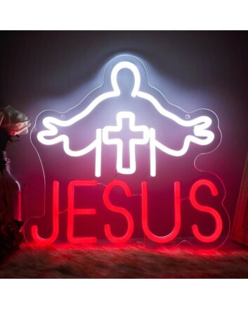 Red Jesus Text and White Cross Neon Sign Religious Event