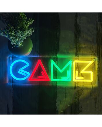 Brighten Up Your Gaming Room, Bar, or Party Ambiance with the Game LED Neon Sign in Vivid Ice Blue, Red, Green, & Yellow.