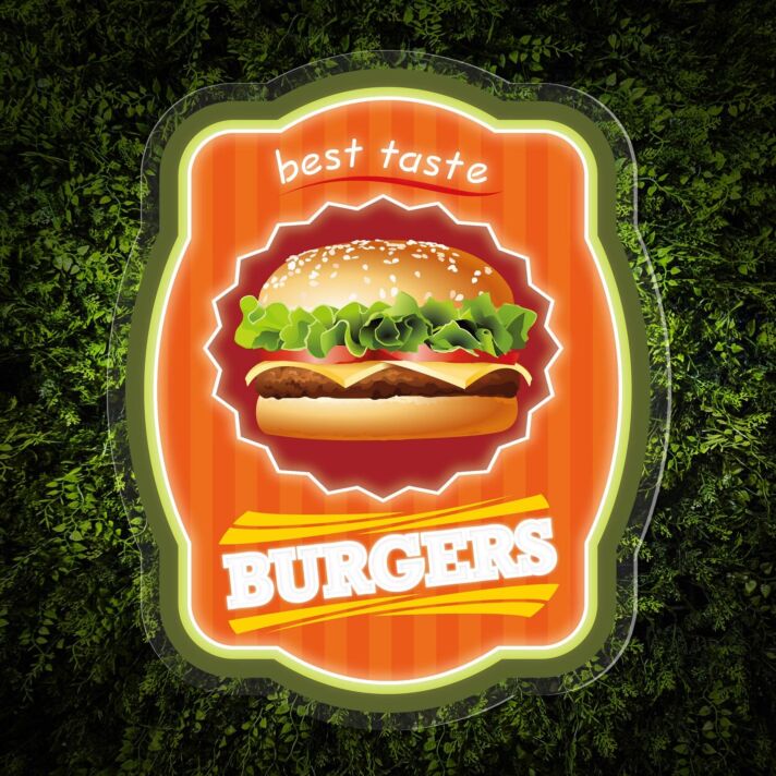 Elevate Your Space: Burgers Word Logo UV Neon Sign - Perfect for Bars, Diners, and Fast Food Themed Decorations.