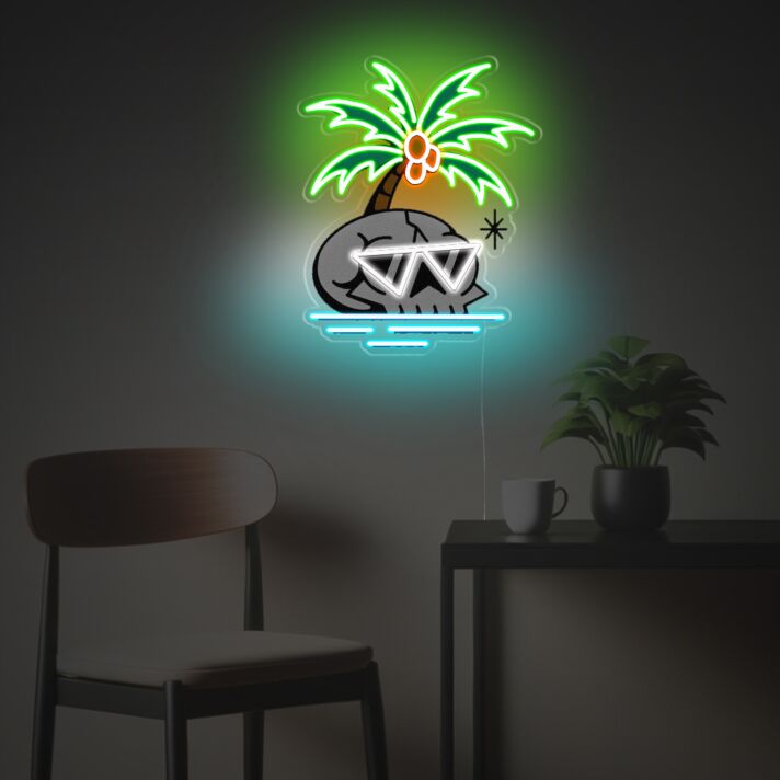 Brighten Up Your Space: From Lively Bars to Chic Home Offices with Palm Tree With Skull Head With Sunglasses LED Neon Acrylic Artwork.