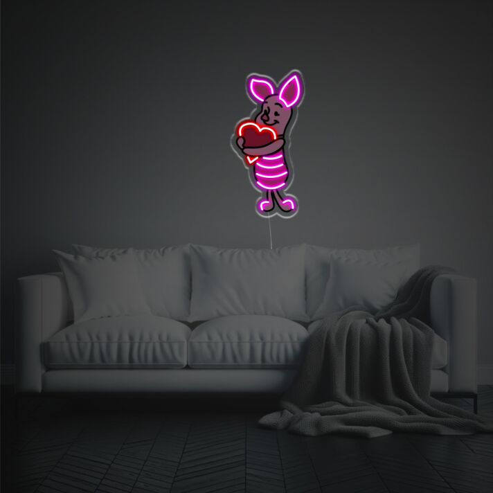 Brighten Your Special Moments: Piglet Hugging Red Heart LED Neon Acrylic Artwork for Weddings, Anniversaries, and Valentine's Celebrations.
