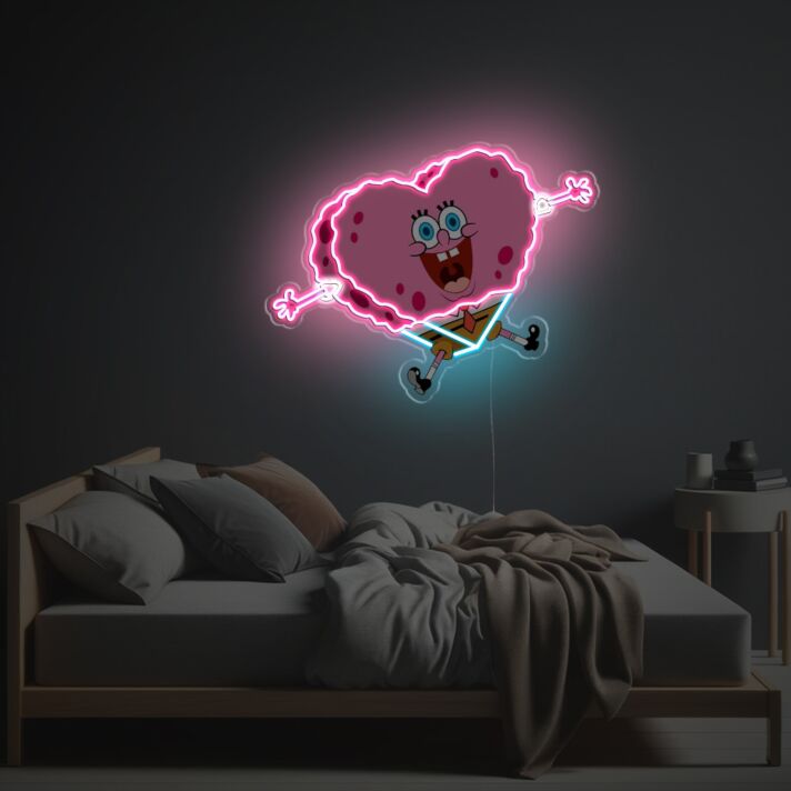 Brighten Up Your Bar, Wedding, or Kids' Room with the Pinky Heart Shaped Spongebob LED Neon Acrylic Artwork.