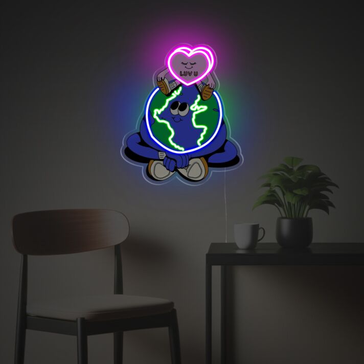 Brighten Up Your Space: Perfect for Weddings, Bars, and Home Decor with Pinky Heart Sitting On The Earth Guy LED Neon Acrylic Artwork.
