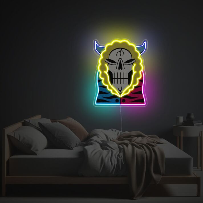 Revamp Your Bar or Game Room Aesthetics with the Eclectic Skull Man With Red And Blue Coat LED Neon Acrylic Artwork.