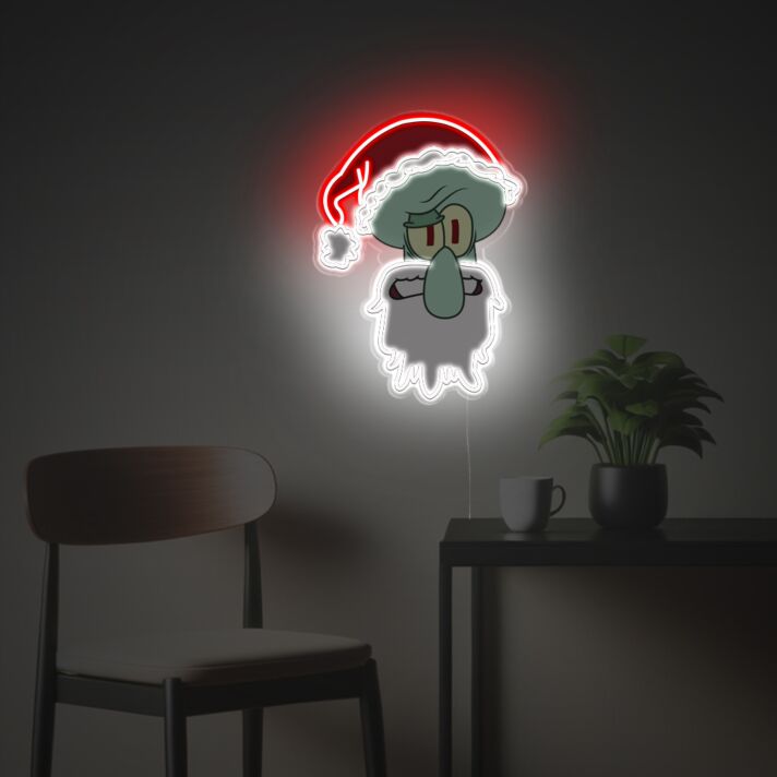 Brighten Your Holiday Season and Celebrate in Style: Squid Necora with Christmas Hat LED Neon Acrylic Artwork for Home, Office, and Festive Decorations.
