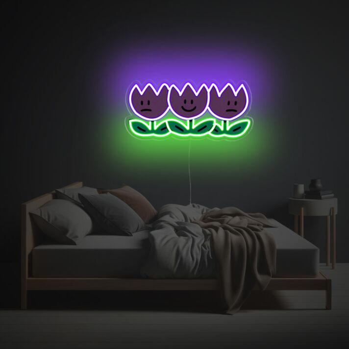 Brighten Up Your Space: Three Purple Flowers LED Neon Acrylic Artwork Perfect for Home Decor, Bars, and Weddings.