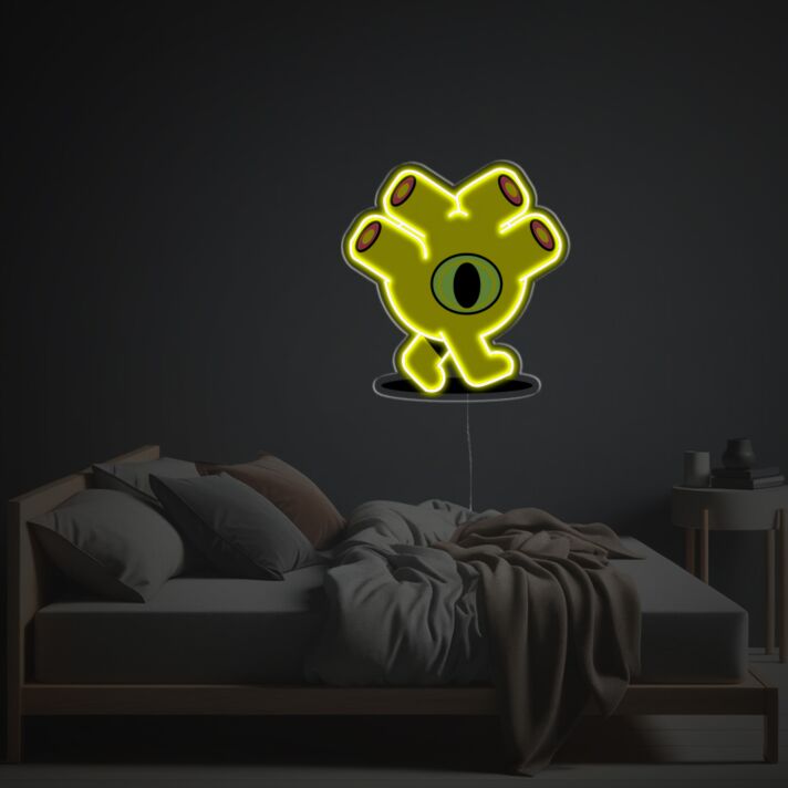 Brighten Your Child's Bedroom or Playroom with the Whimsical Yellow One-Eyed Monster LED Neon Acrylic Artwork.