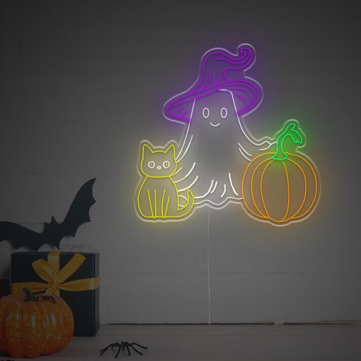 Brighten Your Halloween Celebrations and Decor with the Spooky Halloween Cat Pumpkin And Ghost LED Neon Sign for Home, Office, and Parties.