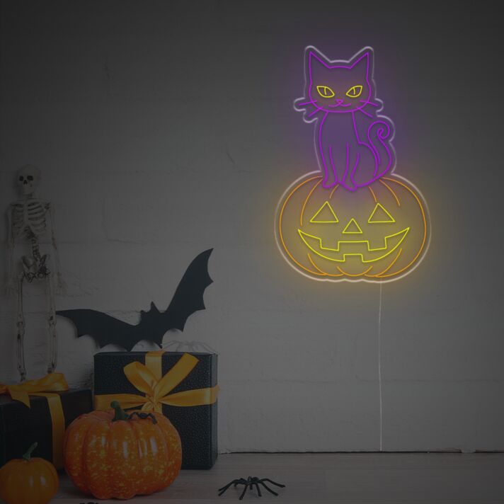 Brighten Your Halloween Celebration and Home Decor with the Enchanting Halloween Pumpkin With Night Cat LED Neon Sign.