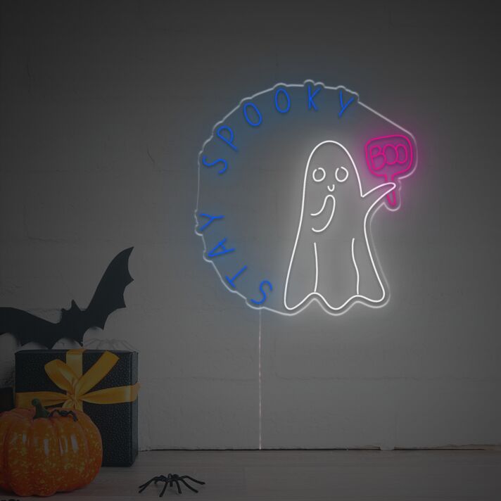 Elevate Your Halloween Festivities at Home, Office, or Bar with "Stay Spooky With Ghost Handing A Boo Sign" LED Neon Sign.