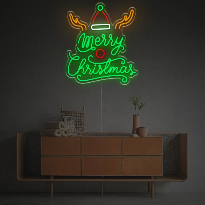 Bring Festive Joy to Your Space: Merry Christmas With Elk Antlers And Christmas Hat LED Neon Sign Perfect for Home, Office, and Holiday Celebrations.