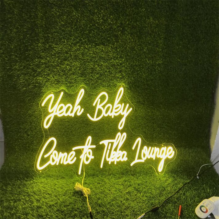 Brighten Up Your Bar, Restaurant or Home Entertainment Space with the "Yeah Baby Come To Tikka Lounge" Yellow Custom LED Neon Sign.