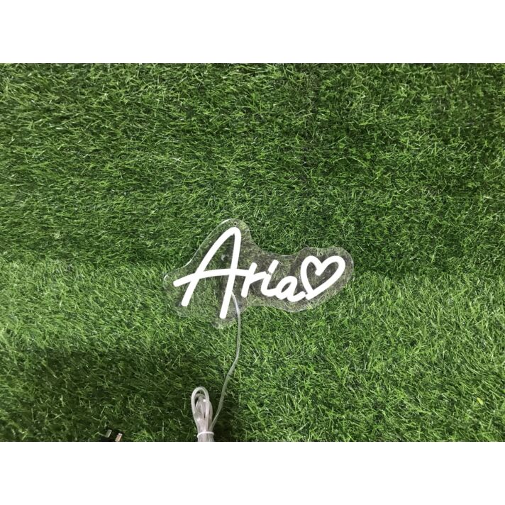 Brighten Your Special Moments: Aria With Heart White LED Neon Sign for Weddings, Bars, and Home Decor.