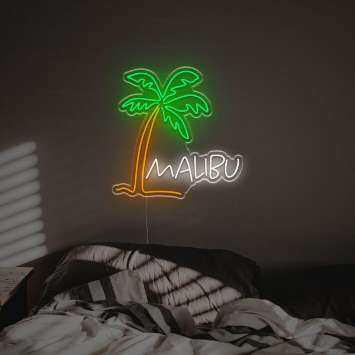 Bring a Tropical Vibe to Your Bar, Store, or Living Space with the Malibu With Palm LED Neon Sign.