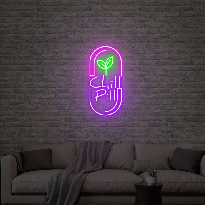 Brighten Up Your Space: Chill Pill Acrylic Artwork Neon Sign for Office, Bar, and Wedding Ambiance