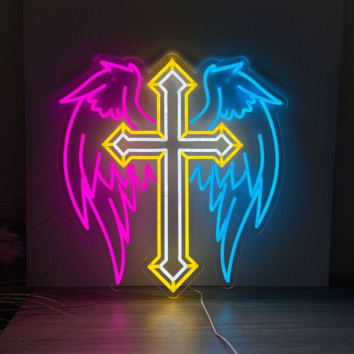 Brighten Your Sacred Spaces and Celebrations: Cross With Wing Neon Sign for Divine Home, Office, and Event Decor, Perfect for Weddings, Parties, and Game Rooms.