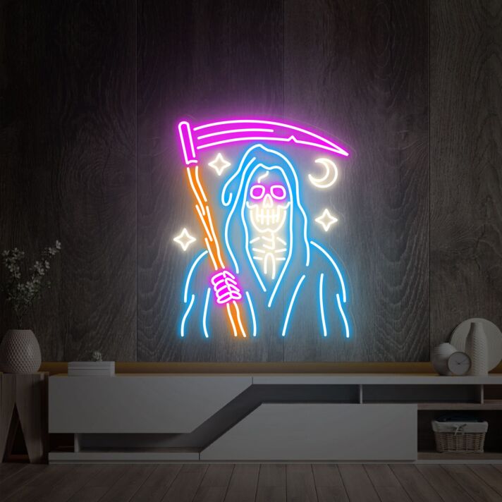 Brighten Up Your Game Room and Halloween Party with Grim Reaper Skeleton Neon Sign, Perfect for Home Decor, Bars, and Death-Themed Events.