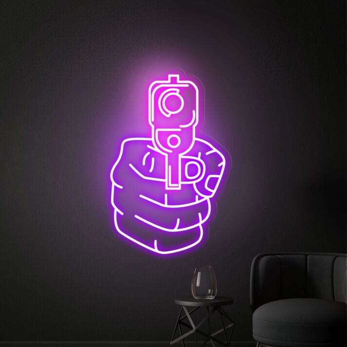 Brighten Up Your Game Room, Bar, or Bachelor Pad with the Hand Gun Neon Sign - The Ultimate Decor for Lovers of Unique Home and Office Aesthetics.