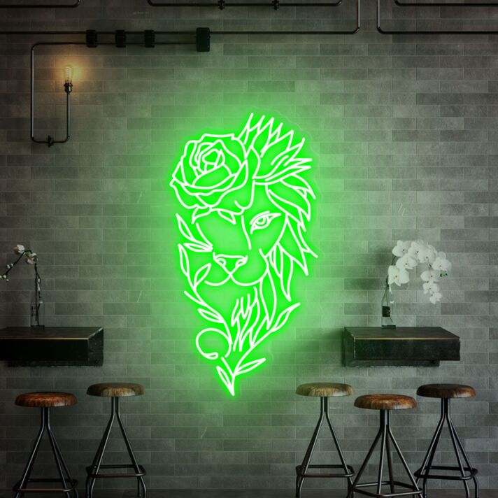 Elevate Your Space: Lion With Rose Flower Neon Sign Handmade Art, Perfect for Bar, Office, or Home Wall Decor and Memorable Wedding or Party Lighting.
