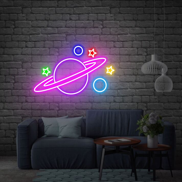 Brighten Your Child's Space-Themed Room or Next Space-Inspired Party with the Planet Saturn Neon Sign UFO LED Neon Lights - Perfect for Bedroom Wall Decor and Kid-Friendly Events