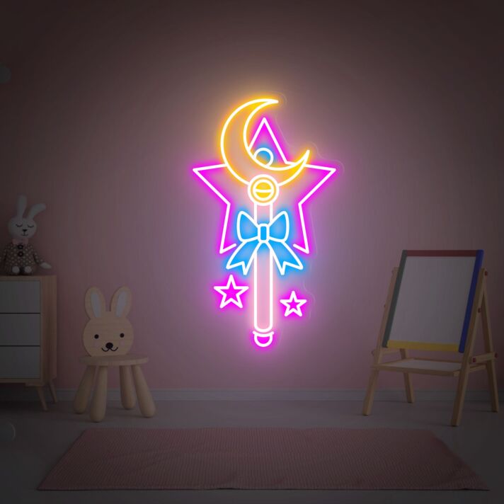 Transform Your Space into a Magical Realm: Sailor Moon Magic Stick - Moon Stick Bedroom Wall Decor LED Neon Sign Perfect for Home, Office, and Theme Parties.