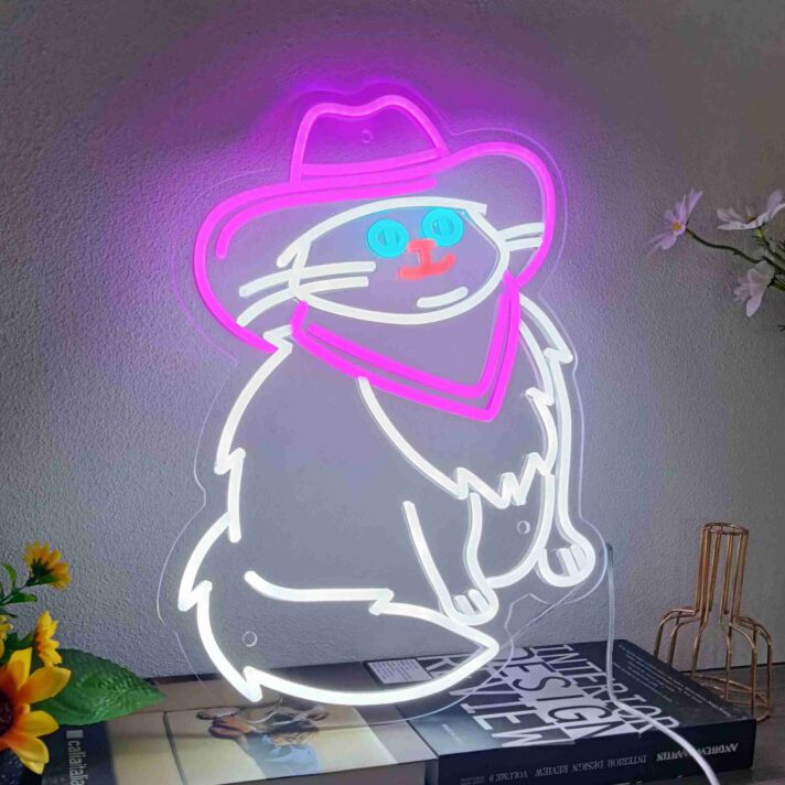 Enhance Your Space with Enchantment: Perfect for Home, Office, or Bar – Western Cowboy Cat Led Neon Sign Cowboy Hat Decor.