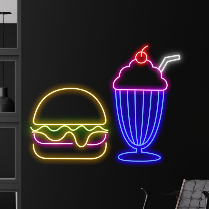 Brighten Your Restaurant, Bar, or Kitchen: The Burger And Shake Led Neon Sign - Perfect for Food-Inspired Spaces and Events!