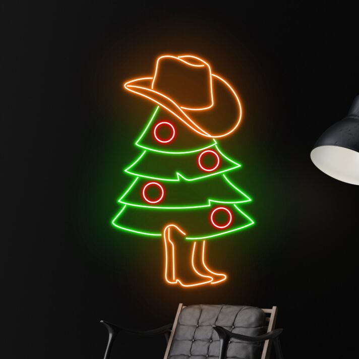 Brighten Your Festive Celebrations and Decor with the Christmas Tree In Hat Boost Cowboy Led Neon Sign - Perfect for Home, Office, and Holiday Parties.