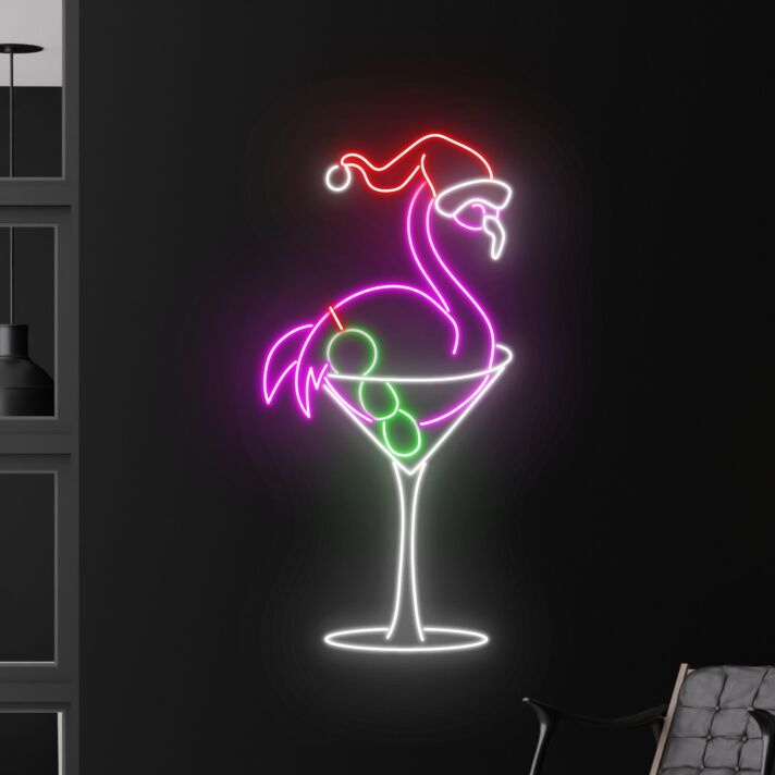 Transform Your Festive Celebrations and Spaces: Flamingo Christmas Hat Led Neon Sign & Flamingo Martini Led Sign - Perfect for Home Decor, Office Ambiance, Storefronts, Bars, and Seasonal Weddings