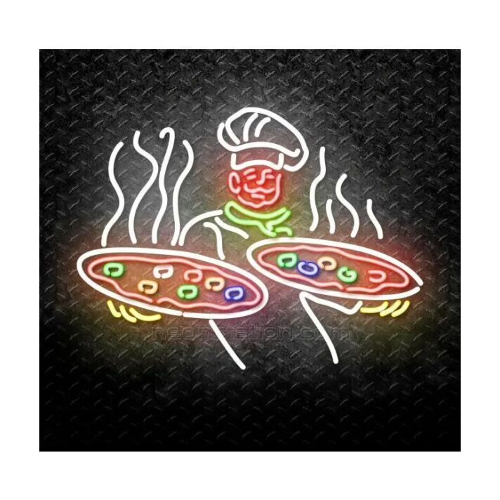 A Chef With Two Plates Of Pizza Neon Sign