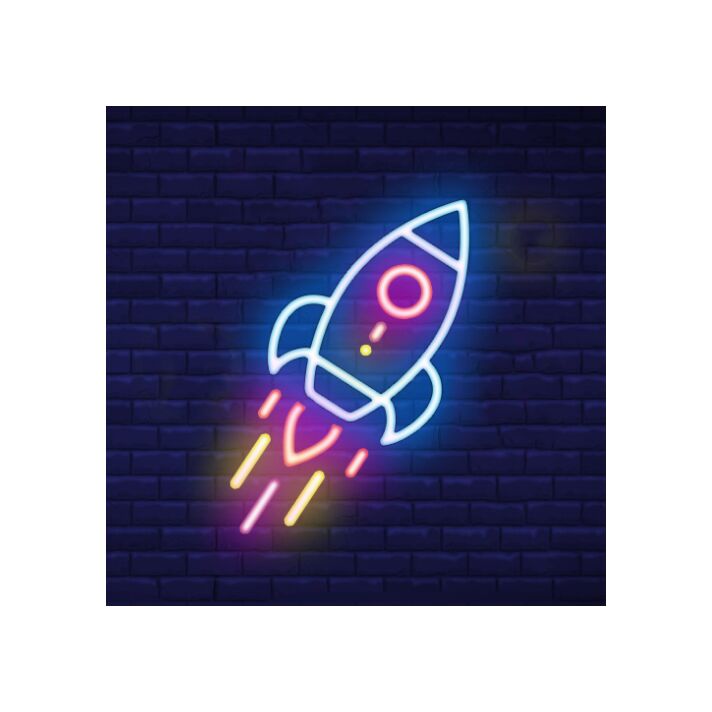 Neon Rocket Sign Hung On The Brick Background