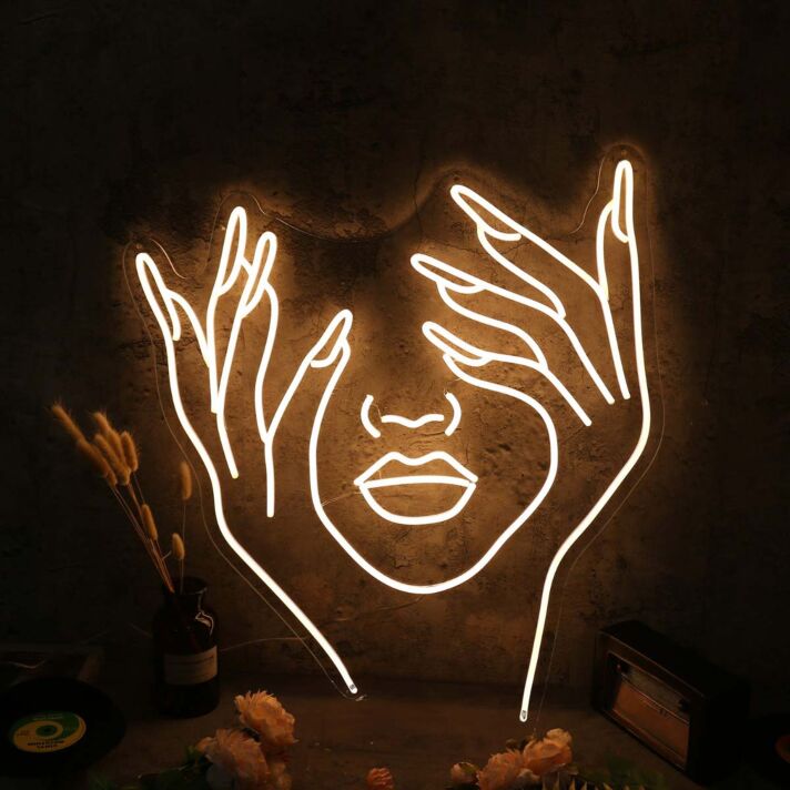 Half Face Formed By Two Beautiful Hands Neon Sign