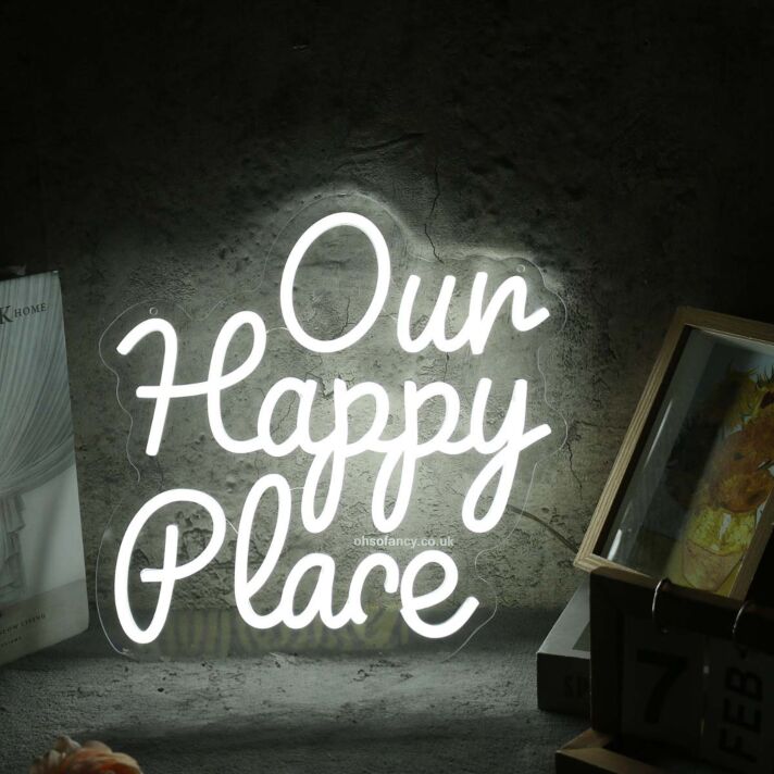 Our Happy Place White Neon Sign