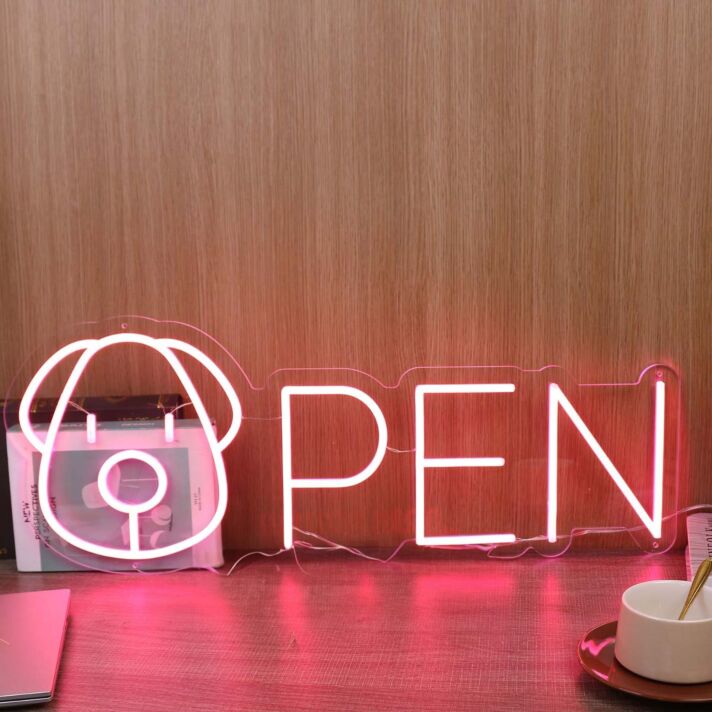 Open With Dog Head Red Neon Sign