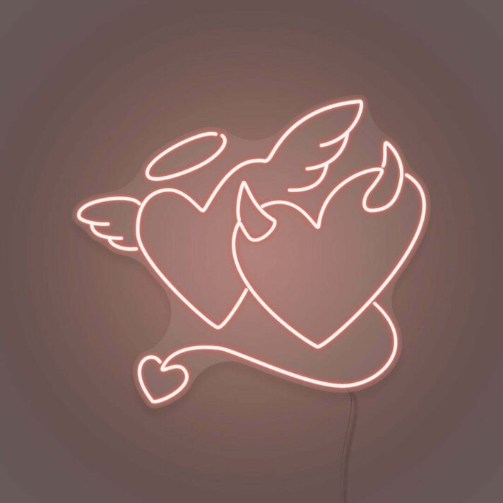 Angel and Devil Hearts Neon Art Playful Duality and Temptation