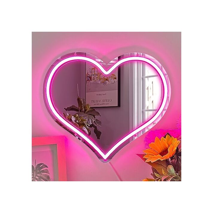 Loving Reflections Heart-Shaped Pink Neon Mirror Wall Decor