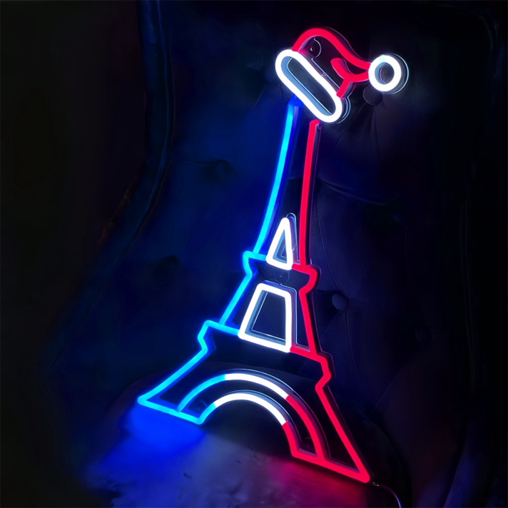 Eiffel Tower with Santa Hat Neon Sign