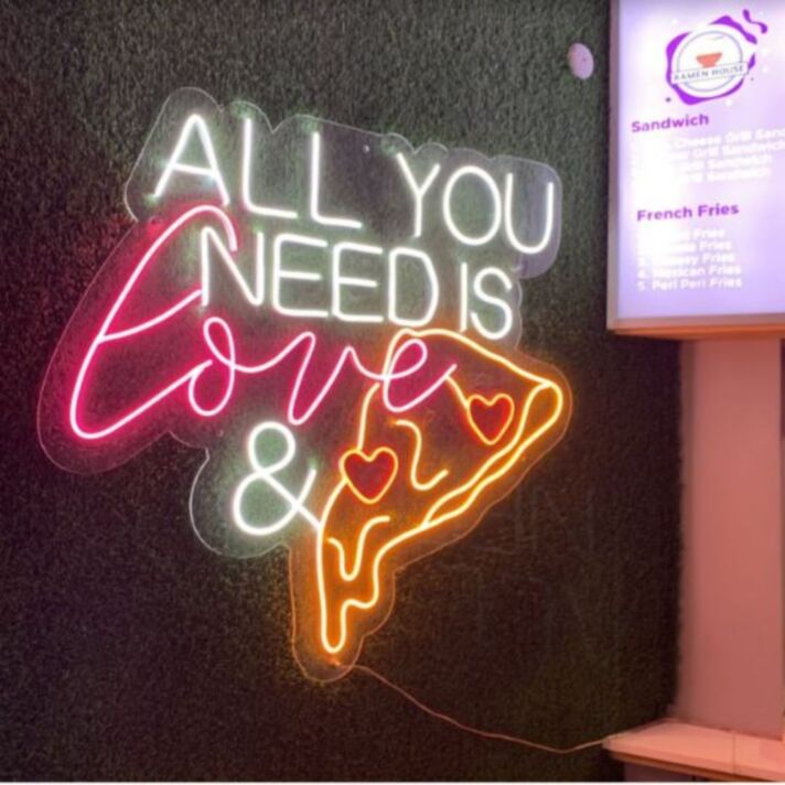 All You Need Is Love and Pizza Neon Sign for Pizzerias and Fun Spaces