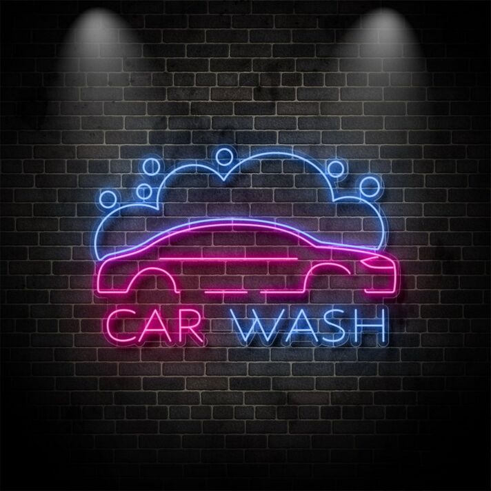 Car Wash With Car And Bubbles Neon Sign for Car Washes and Fun Spaces
