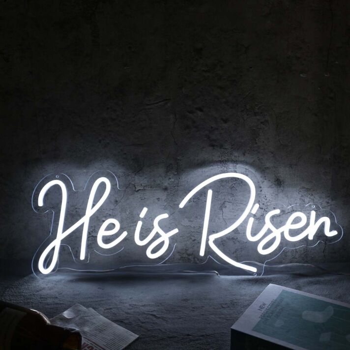 He Is Risen White Neon Sign for Religious and Spiritual Spaces